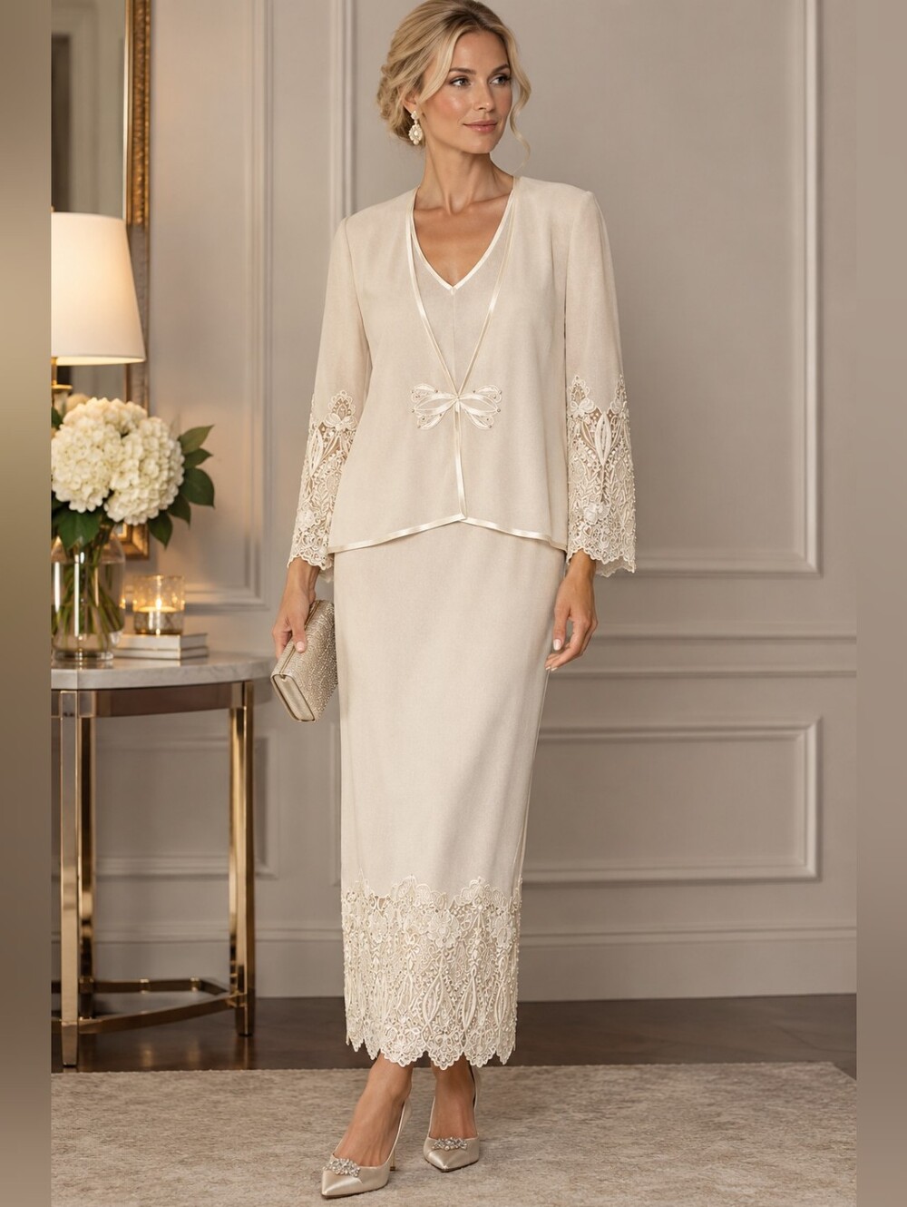 Rare Vintage Elana Evening Dress Jacket Set Sleeveless Maxi Lace Ivory #0997 SM